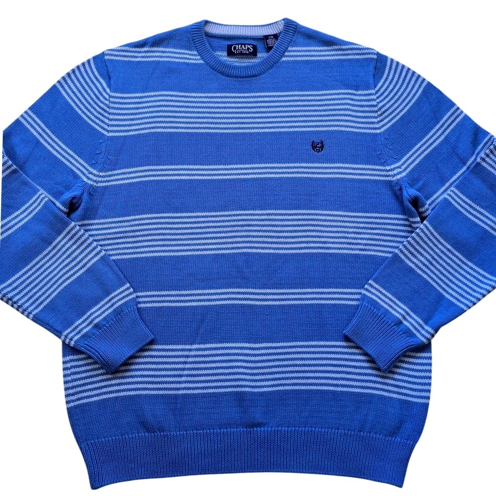 Chaps Ralph Lauren Men's Size L Striped Cotton Crewneck Sweater Blue‎ Vintage